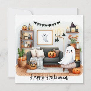 Cartão De Festividades Feliz Halloween Fantasma Fofo em Sua Casa 