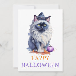 Cartão De Festividades Feliz Halloween gato birmanês de aquarela em chapé