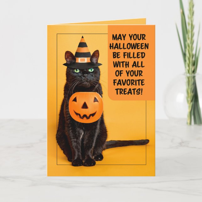 Cartão De Festividades Feliz Halloween Gato Preto Divertido de Chapéu de  (Frente)
