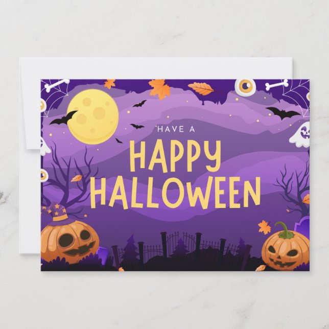 Cartão De Festividades Feliz Halloween Ilustrativo Roxo (Frente)