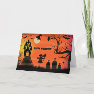 Cartão De Festividades Feliz Halloween morcegos e espantalho de abóbora