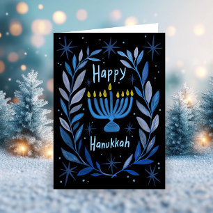 Cartão De Festividades Feliz Hanukkah Botânica Menorah Watercolor