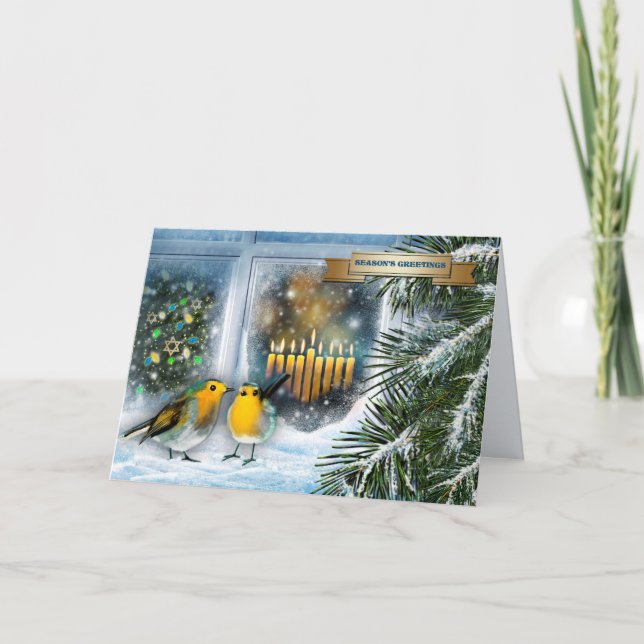 Cartão De Festividades Feliz Hanukkah. Cena da Janela de Neve com Menorah (Frente)