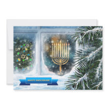 Feliz Hanukkah. Cena da Janela de Neve com Menorah