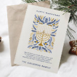 Cartão De Festividades Feliz Hanukkah Festivo Watercolor Menorah Floral<br><div class="desc">Feliz Hanukkah! Mande saudações a Hanukkah para a família e amigos com esta carta chata elegante. Apresenta a aquarela Menorah e a folhagem elegante da coroa numa sofisticada paleta de ouro, azul claro e azul marinho. Personalize o cartão com sua mensagem favorita e duas linhas de texto personalizado para adicionar...</div>