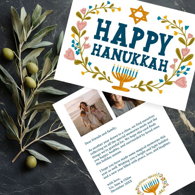 Cartão De Festividades FELIZ HANUKKAH Floral Wreath Menorah Fotografias P (HAPPY HANUKKAH Floral Wreath Menorah Custom 2 Photos Collage Note Holiday Card
)