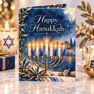 Cartão De Festividades Feliz Hanukkah Foto de Família com Menorá Azul e D