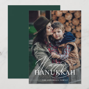 Cartão De Festividades Feliz Hanukkah Foto de Letra Elegante Verde Escu