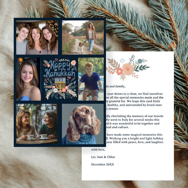 Cartão De Festividades FELIZ HANUKKAH, FOTO PERSONALIZADA 6 desenhada à m (HAPPY HANUKKAH Hand-Drawn Floral Botanical CUSTOM 6 PHOTO Holiday Card
)