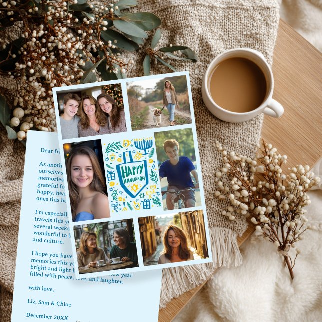 Cartão De Festividades FELIZ HANUKKAH, FOTO PERSONALIZADA 6 desenhada à m (HAPPY HANUKKAH Hand-Drawn CUSTOM 6 PHOTO Collage Holiday Card / digital download
)