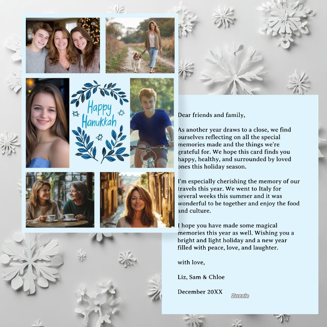 Cartão De Festividades FELIZ HANUKKAH, FOTO PERSONALIZADA 6 desenhada à m (HAPPY HANUKKAH Hand-Drawn CUSTOM 6 PHOTO Family Collage Watercolor Holiday Card / Digital Download

)