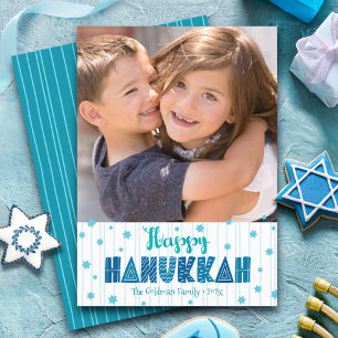 Cartão De Festividades Feliz Hanukkah Foto Turquoise Typografia Bold