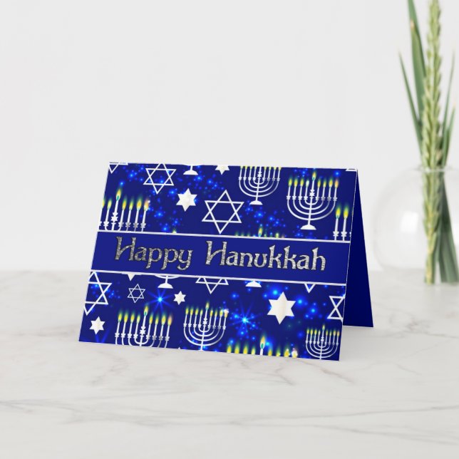 Cartão De Festividades Feliz Hanukkah Menorah Blue & Silver (Frente)