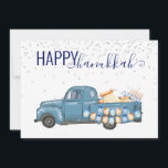 Cartão De Festividades Feliz Hanukkah Menorah Blue Vintage Truck<br><div class="desc">Esta design foi criada através da arte digital. Pode ser personalizada na área fornecida pela alteração da foto e/ou do texto. Ou pode ser personalizado escolhendo o clique para personalizar outra opção e excluir ou alterar a cor do plano de fundo, adicionar texto, alterar a cor ou o estilo do...</div>