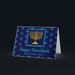 Cartão De Festividades FELIZ HANUKKAH Menorah Dreidel Personalizado<br><div class="desc">Na moda para celebrar HANUKKAH. Fundo azul escuro com padrão de sonho azul ciano e tipografia. O texto do marcador de posição na saudação de cobrir e dentro é personalizável,  para que você possa adicionar seu nome e alterar a mensagem. Parte da Coleção HANUKKAH de Designs Bereanos.</div>