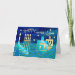 Cartão De Festividades Feliz Hanukkah. Menorah & Dreidels<br><div class="desc">Feliz Hanukkah. Cartões de saudação de Chanucá personalizáveis para o design Menorah e Dreidels. Cartões e presentes disponíveis na Categoria Feriados Judeus / Hanukkah da nossa loja.</div>