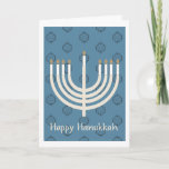 Cartão De Festividades Feliz Hanukkah Menorah/Estrela do padrão David 2<br><div class="desc">Uma estrela azul e preta do padrão David   lotus com uma menorah dourada clara com luzes de ouro.</div>