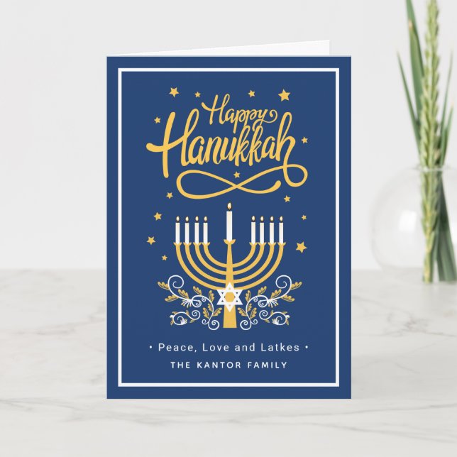 Cartão De Festividades Feliz Hanukkah Paz Amor Trava Azul Moderno (Frente)