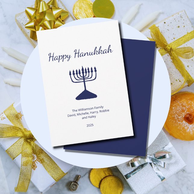 Cartão De Festividades Feliz Hanukkah Simple Blue Menorah (Criador carregado)