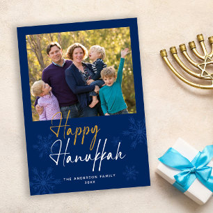 Cartão De Festividades Feliz Hanukkah Snowflakes Foto Azul Escuro