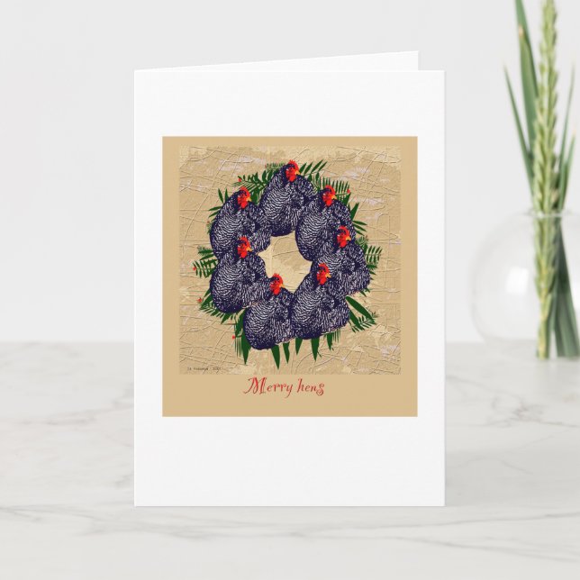 Cartão De Festividades Feliz Hens, coroa de Natal (galinhas de quintal) (Frente)