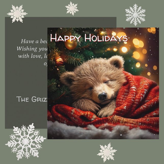 Cartão De Festividades Feliz Holidays, Urso de Natal (deep peace & winter warmth personalised square Christmas card. adorable bear cub sleeping under tree)
