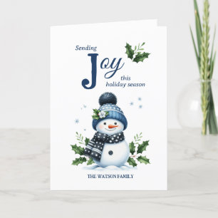 Cartão De Festividades Feliz Homem de Neve Holly Floco de Neve Azul Branc