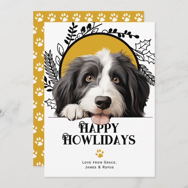 Cartão De Festividades Feliz Howlidays Beared Collie Dog Natal (Frente/Verso)