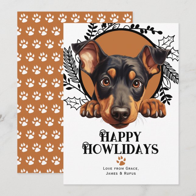 Cartão De Festividades Feliz Howlidays Doberman Pinscher Dog Natal (Frente/Verso)