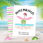 Cartão De Festividades Feliz Huladays Flamingo Beach Natal<br><div class="desc">Libere uma onda de espíritos de férias tropicais com este Cartão de Natal de Praia Feliz dos Huladays Flamingo! Estas cartas esquisitas e inspiradas no Havaí apresentam um flamingo num chapéu de Santa que dança na praia, incorporando a mistura perfeita de alegria de Natal e vibrações de férias. Esta carta...</div>