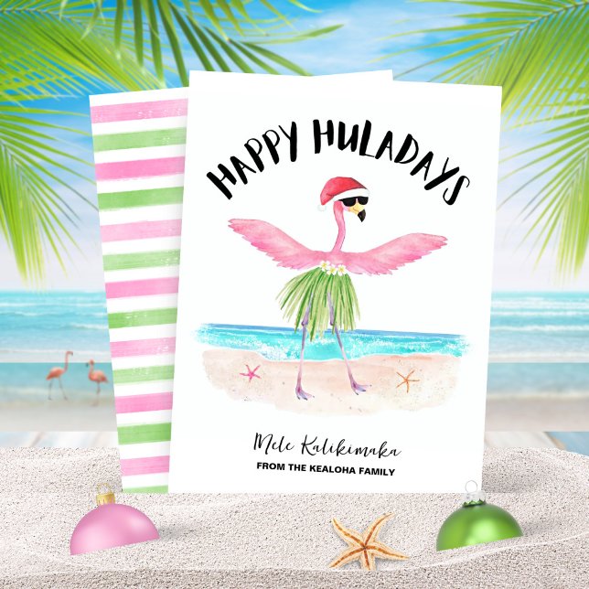 Cartão De Festividades Feliz Huladays Flamingo Beach Natal (Criador carregado)