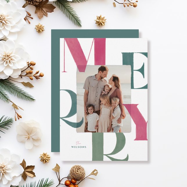 Cartão De Festividades Feliz Magenta e Green 2 Photo Christmas (Criador carregado)