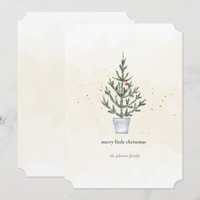 Cartão De Festividades Feliz Mínima Pequena Árvore de Natal Aquarela (Frente/Verso)