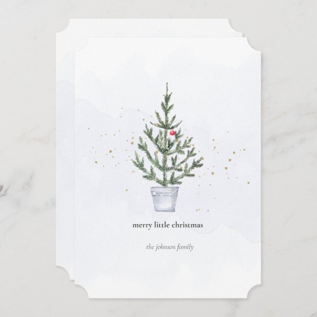 Cartão De Festividades Feliz Mínima Pequena Árvore de Natal Aquarela (Frente/Verso)