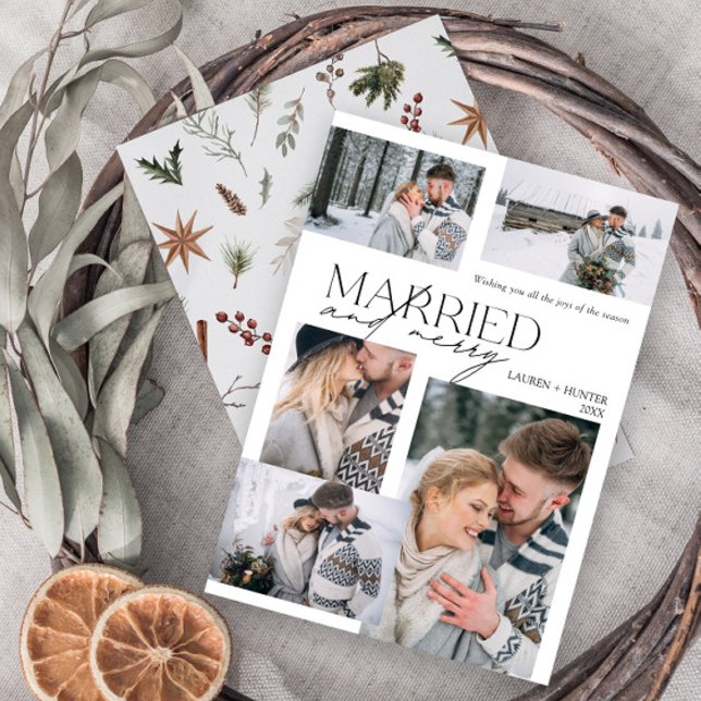 Cartão De Festividades Feliz Moderna e Foto Casada 5 Recentemente (Easily personalize this newlywed photo holiday card with five of your favorite image and deets)