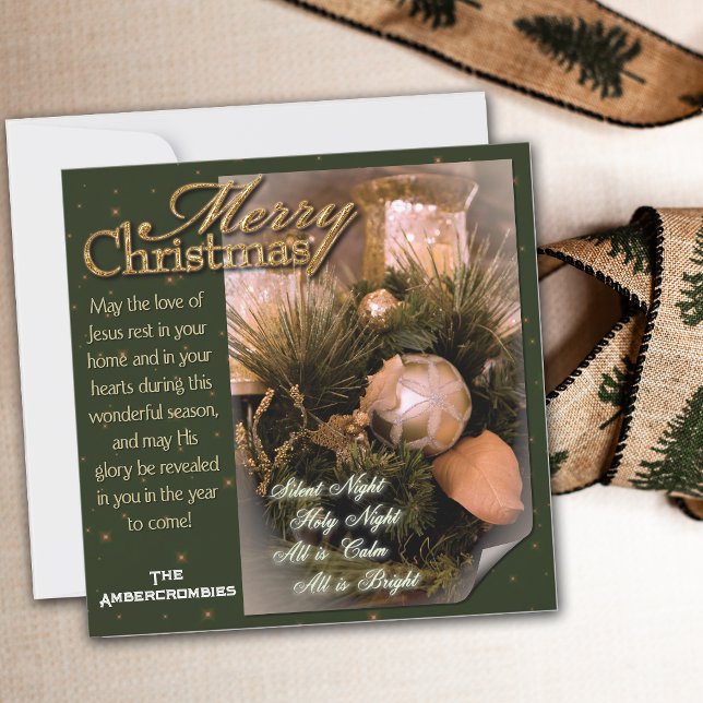 Cartão De Festividades Feliz Natal (Square Merry Christmas holiday card with Silent Night words.)