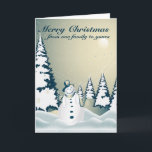 Cartão De Festividades Feliz Natal 2 do boneco de neve do inverno<br><div class="desc">Estrelas macias da queda de neve e do twinkling com o boneco de neve de sorriso no lenço e no chapéu alto! Cartão feito sob encomenda com árvores cobertos de neve e Natal no ar! Feliz Natal de nossa família a seu texto que pode ser editado! Adicione sua própria texto...</div>