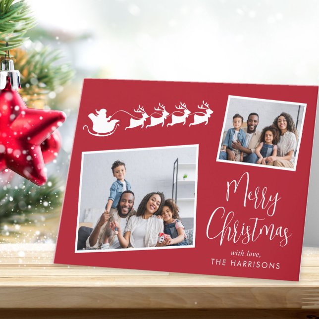 Cartão De Festividades Feliz Natal 2 Foto Santas Sleigh Red (Share the love and warmth of the holiday season with this personalized photo Christmas card)