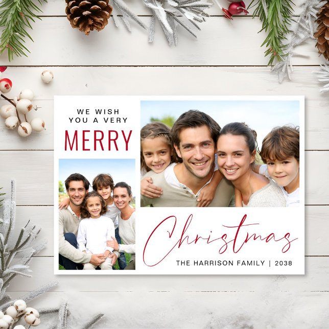 Cartão De Festividades Feliz Natal 2 Foto - Script Vermelho (This holiday season, let your family's smiles and heartwarming memories shine on our 2 photo card)