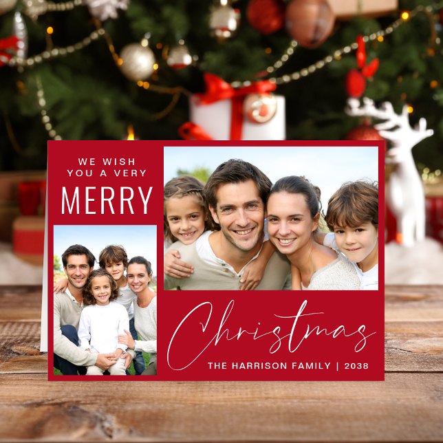 Cartão De Festividades Feliz Natal 2 Foto - Script Vermelho (This holiday season, let your family's smiles and heartwarming memories shine on our 2 photo card)