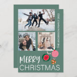 Cartão De Festividades Feliz Natal 3 Foto Collage Green<br><div class="desc">Cartão de Cartões de natal simples e moderno. O texto feliz de Natal está em branco,  com 3 fotos e baubles bonitos de Natal. Personalize com suas informações exclusivas.</div>