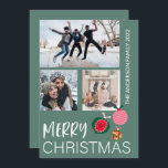 Cartão De Festividades Feliz Natal 3 Foto Collage Green<br><div class="desc">Cartão de Cartões de natal simples e moderno. O texto feliz de Natal está em branco,  com 3 fotos e baubles bonitos de Natal. Personalize com suas informações exclusivas.</div>