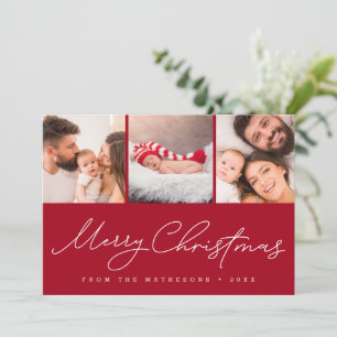 Cartão De Festividades Feliz Natal 3 Foto Família Vermelho Personalizado