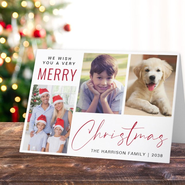 Cartão De Festividades Feliz Natal 3 Foto - Script Vermelho (This holiday season, let your family's smiles and heartwarming memories shine on our 3 photo card)