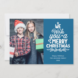 Cartão De Festividades Feliz Natal 3 fotos da família azul
