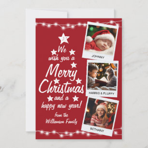 Cartão De Festividades Feliz Natal 3 Fotos Família Vermelho
