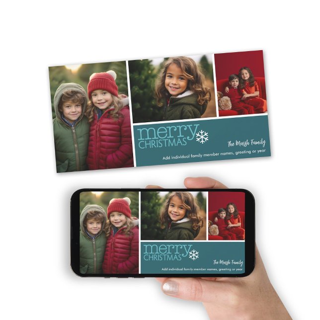 Cartão De Festividades Feliz Natal - 3 fotos - floco de neve azul lacrimo (Holiday Photo card with a 3 Photo Collage. Download Option Available. Teal Accents)