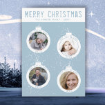 Cartão De Festividades Feliz Natal 4 Balls Blue Family Collage<br><div class="desc">Feliz Natal 4 Balls Blue Family Photo Collage Card Holiday. Design de Natal para uma família - 4 bolas de Natal com 4 fotos de dentro,  texto e nome. Adicione suas fotos e personalize qualquer texto no cartão.</div>