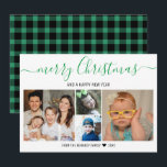 Cartão De Festividades Feliz Natal 4 Colagem de Fotos Plaid Verde<br><div class="desc">Cartão de Natal moderno e elegante para compartilhar seus cumprimentos de temporada. Personalize com 4 fotos de família favoritas. Você tem um padrão clássico de xadrez verde no verso.</div>