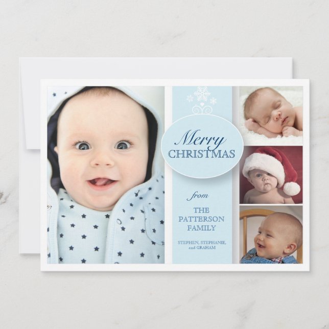 Cartão De Festividades Feliz Natal 4 Foto em Azul (Frente)